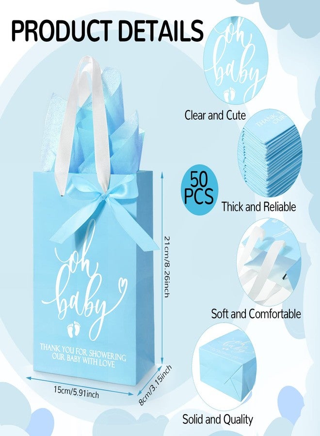 PerKoop 50 Packs Baby Shower Gifts Bags Bulk Baby Shower Favor Bags with Handle Paper and 50 Sheets Decorative Tissue Paper for Guests Gifts Gender Reveal(Blue) - Image 2